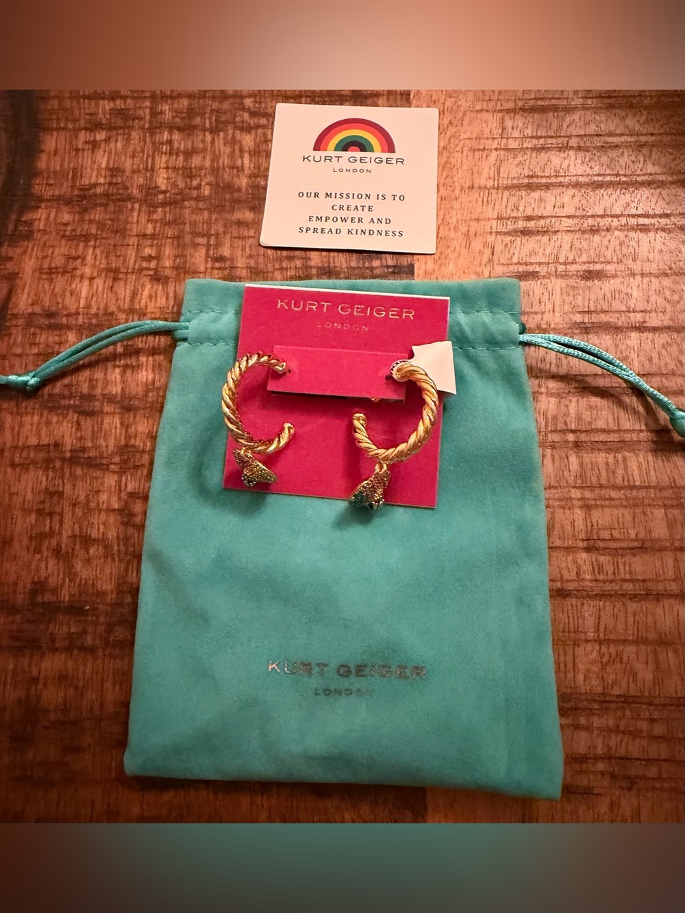 Kurt Geiger Gold Twisted Hoop Earrings with Eagle Head Charm NWT